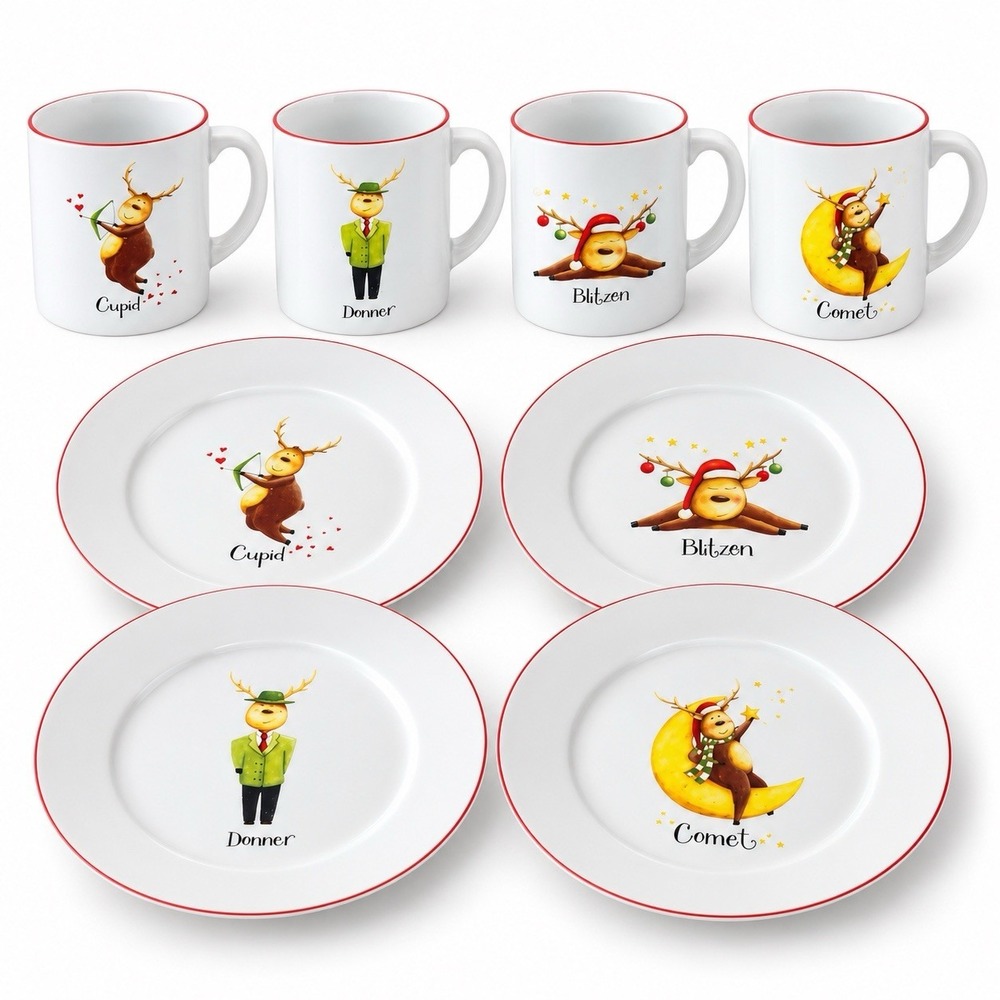 Rainbow Mountain Santa’s Reindeer 8 Pc Mug Plate Set Cupid Donner Blitzen Comet